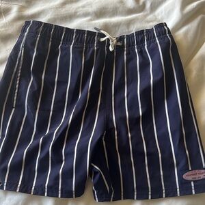 Boys (M) Vineyard Vines Navy Stripe Swim Trunks with White Drawstring